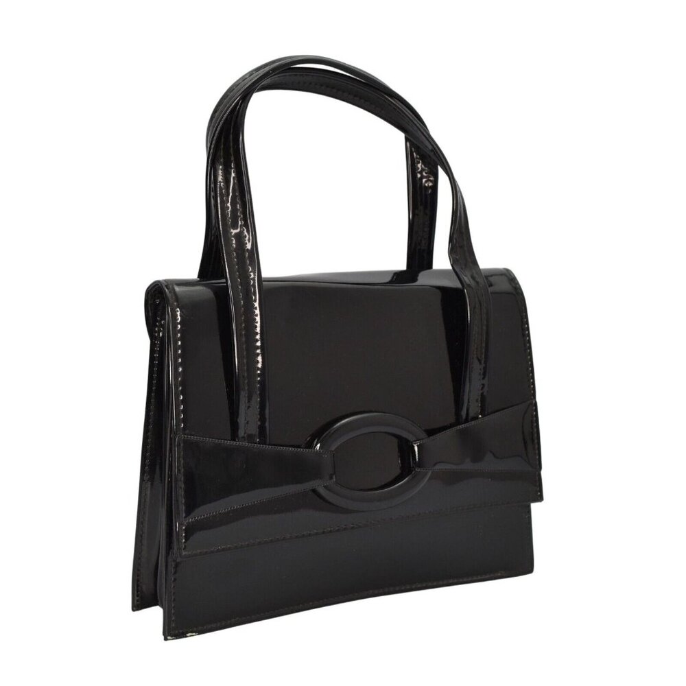 Vintage Verdi Handbag Purse Satchel Black Faux Patent Leather Made In USA